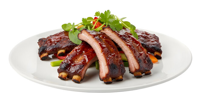 Delicious ribs on a white plate isolated on transparent background