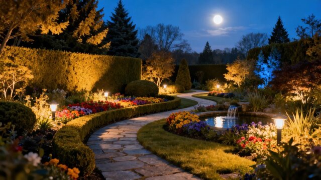 Illuminated garden features a winding flagstone path bordered by boxwood hedges, colorful petunias, and marigolds under a bright full moon and glowing lanterns at night.