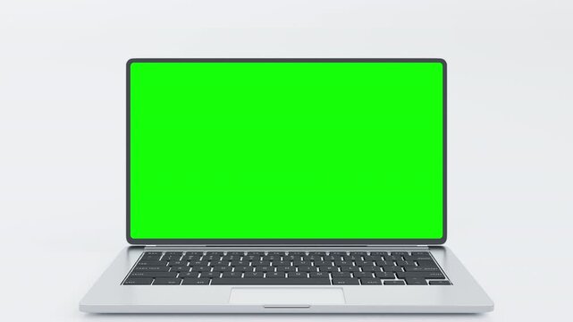 Green screen modern laptop opening and zooming in on a white background in a 3D animation. Video call mockups, website template presentations, and game application UI backgrounds