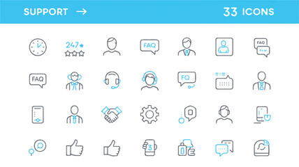 Collection of line style support and customer service icons for business and communication needs