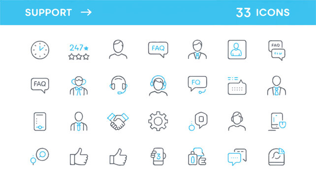 Collection of line style support and customer service icons for business and communication needs