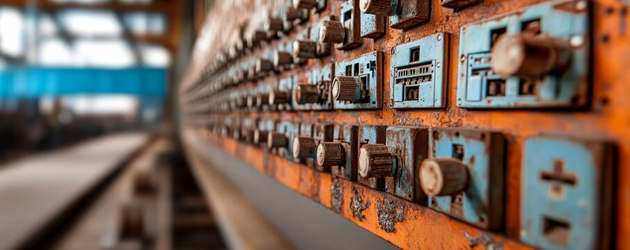Close-up of a long, rusty industrial control panel with weathered blue dials and knobs, creating a repeating pattern with shallow DOF. A glimpse into a factory's forgotten past.