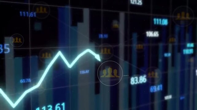 A video showcasing a fluctuating stock market graph with various numbers and trends displayed on a dark background