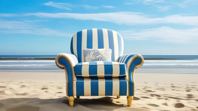 An empty striped lounge chair on the beach. 4k video.