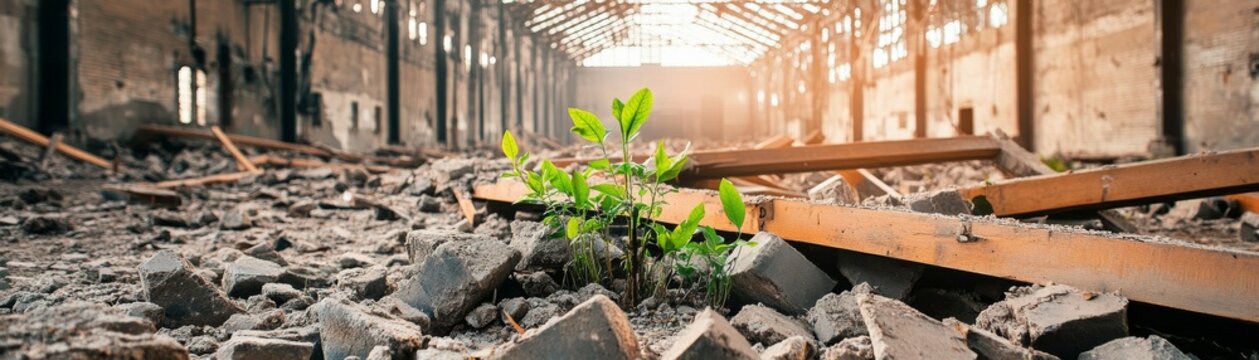 Close-up of vibrant saplings pushing through rubble in a sun-drenched, long abandoned factory, a poignant symbol of nature's indomitable resilience and new beginnings. Overgrowth,