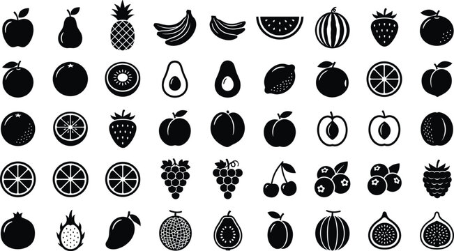 Fruit icons silhouette vector illustration featuring apples, pears, bananas, pineapples, berries, citrus, tropical motifs, and decorative abstract design