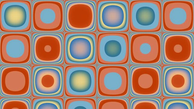 Animated Geometric pattern or background loop. Trendy retro 1970s geometric background with colorful transition circles in vintage colors - blue