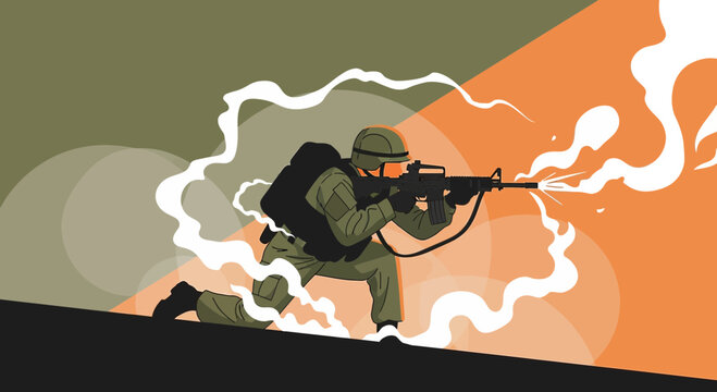 Vector graphic depiction of a soldier amidst gunfire and smoke on a battlefield