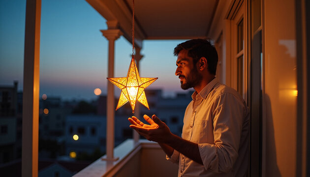 Man holding illuminated star decoration on balcony at dusk. Star is glowing warmly, creating a cheerful atmosphere in evening light. Concept of celebration and joy with star ornament.