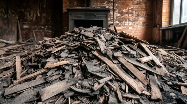 Dominant pile of splintered wood and dark rubble in the foreground of a dilapidated room, featuring an old brick fireplace and a window, portraying decay and neglect.,Rubble, Abandoned