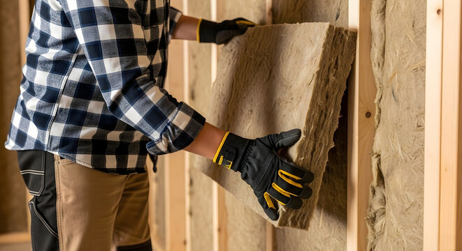Professional wall insulation installation service, worker fitting mineral wool in wooden frame, home energy efficiency renovation, thermal protection concept