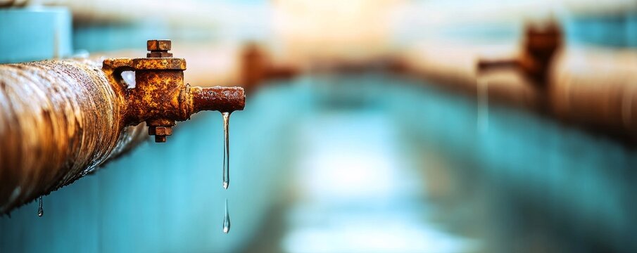 Dripping water from a rusty industrial pipe valve, capturing the essence of water waste, corrosion and aging infrastructure against a bokeh blue. Leak, Conservation