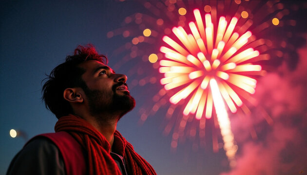 Man enjoying fireworks display during celebration with vibrant red explosion illuminating night sky. Fireworks create dazzling patterns above, enhancing festive atmosphere.