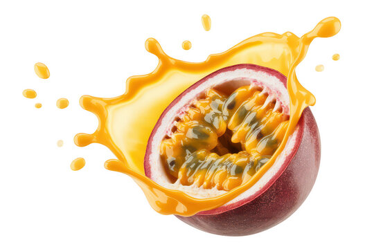 Passion fruit with juice splash on black explosion isolated on a transparent background