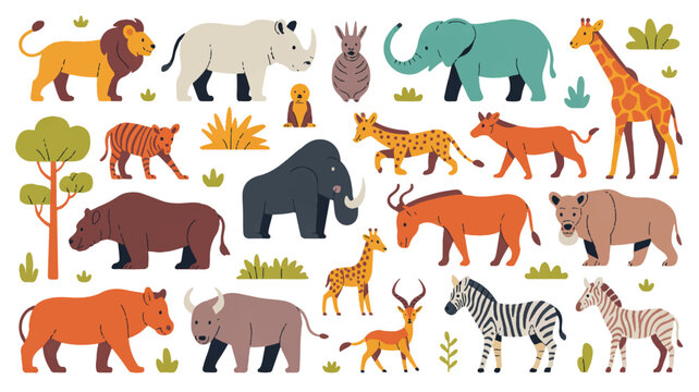 colorful cartoon safari animals and plants on white background