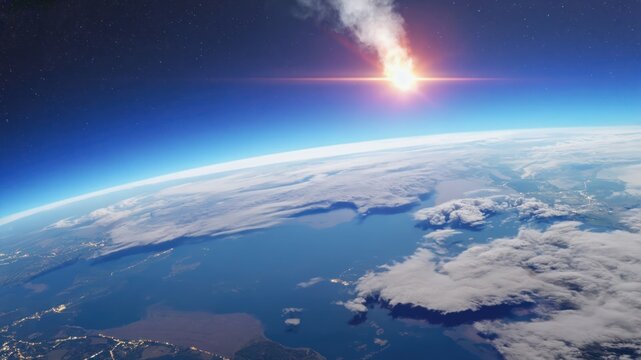 Dramatic view of impact asteroid collision with earth futuristic scenario