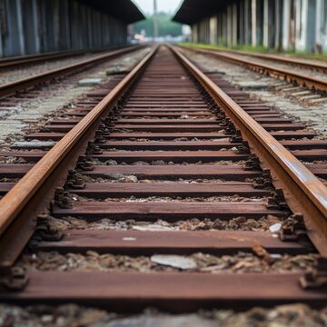Low-angle perspective captures rusty parallel train tracks on weathered ties, vanishing under an industrial overpass; a gritty metaphor for life's onward journey. railway, perspective