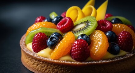 Obraz premium A gourmet fruit tart featuring a crispy golden pastry crust filled with silky vanilla custard and topped with fresh raspberries, blueberries, sliced kiwi, mandarin oranges, and decorative mango.