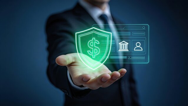 Businessman hand holding glowing shield with dollar sign and bank interface symbolizing secure financial transactions digital banking protection and fintech security solutions
