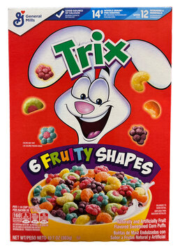 Box of General Mills Trix Fruity Shapes breakfast cereal.