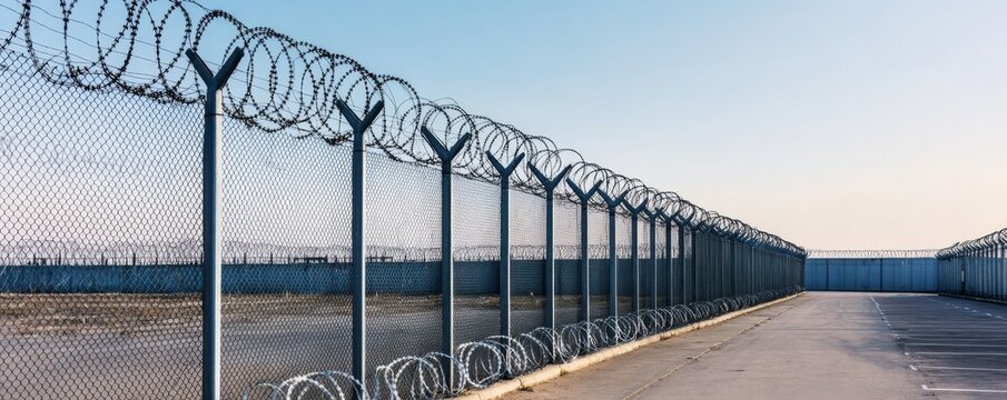 Perspective shot of a long chain-link fence topped with razor wire, stretching into the distance under a clear sky, evoking themes of security, isolation and control., Barrier,