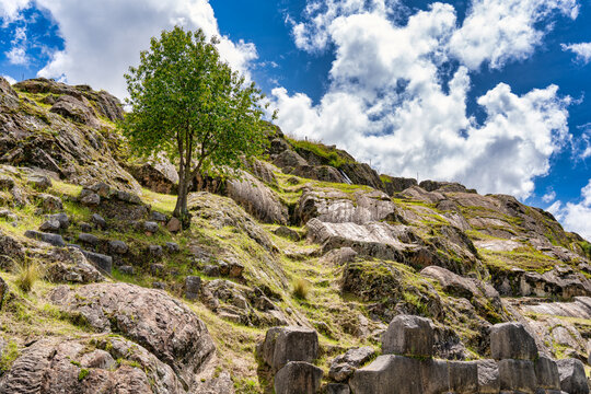 Scenic view from the Trono del Inca sector at the ancient Incan Fortress of Sacsayhuaman overlooking Cusco, in the Sacred Valley