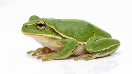 Obraz premium A vibrant green frog sitting on a white surface looking alert
