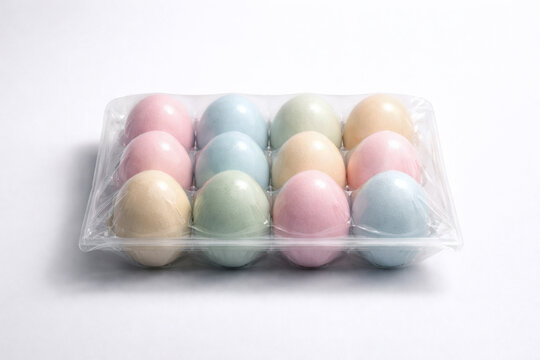 A vacuum-sealed plastic tray containing perfectly arranged pastel Easter eggs like supermarket goods