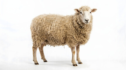 Fototapeta premium A sheep standing alone on a white background looking directly at the camera