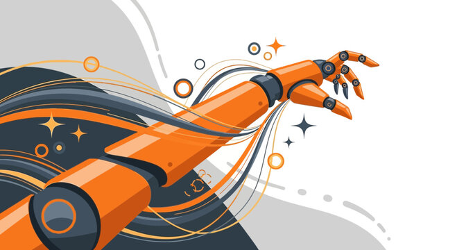 Stylized depiction of a robotic arm gesturing against abstract background elements