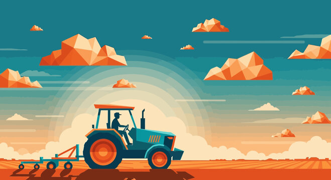 Stylized agriculture landscape showcasing a tractor working in a field with polygonal clouds