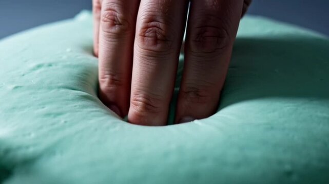 Closeup of a hand pressing into a soft light green material demonstrating its squishy texture.