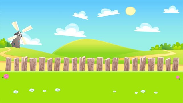 Cartoon Farm with Windmill 4k loop landscape