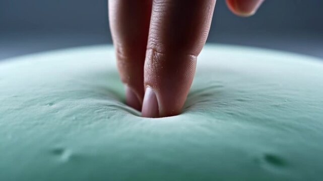 Closeup of fingers pressing into a soft light green memory foam surface demonstrating its elasticity and comfort.