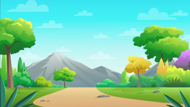 Cartoon Nature with Trees and Mountains 4k loop background