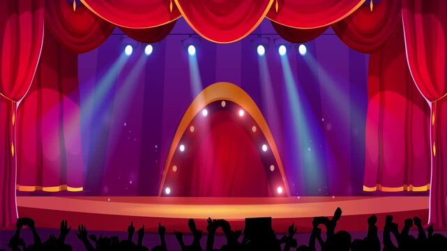 Theater Stage with Red Curtains and Lights 4k loop background