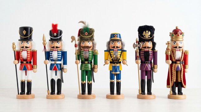 A collection of six traditional wooden nutcracker figurines in vibrant colorful military uniforms