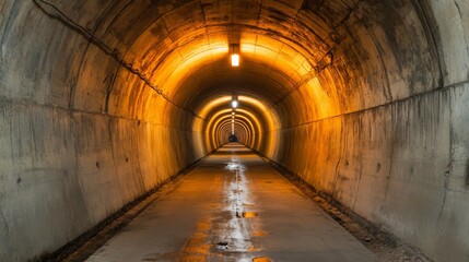 Fototapeta premium Symmetrical concrete tunnel, illuminated by warm lights, reflections on wet floor draw the eye to a distant vanishing point, hinting at a future journey. Tunnel, Light