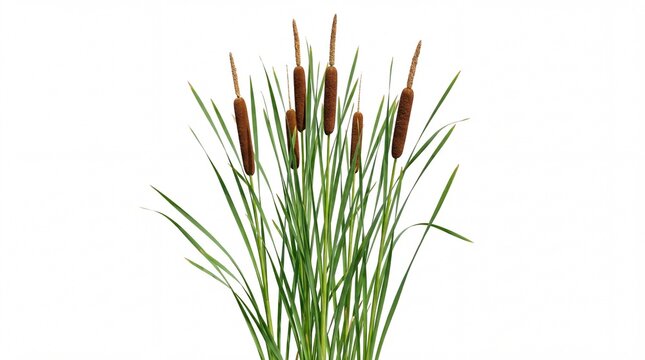 A cluster of tall green cattail plants featuring brown cylindrical flower heads and long thin leaves