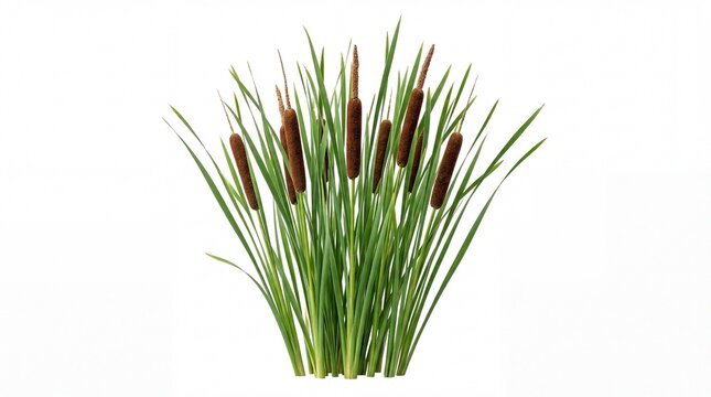A cluster of tall green cattail plants featuring brown cylindrical flower spikes and long leaves