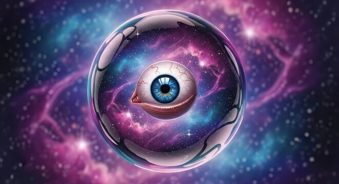 Surreal cosmic orb encapsulates a detailed human eye against a vibrant nebula background