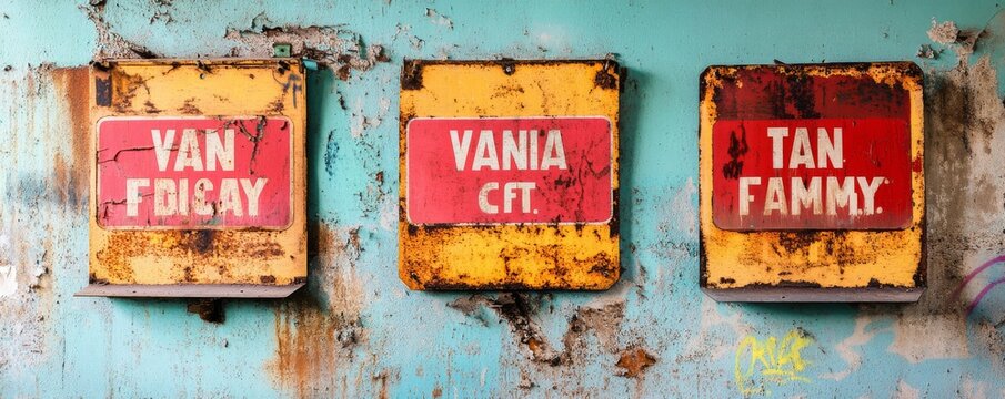 Trio of rusty yellow signs with red panels (VAN FRIDAY, VANIA CFT., TAN FAMMY.) on a peeling teal wall. A study in urban decay and texture. ,grunge,vintage