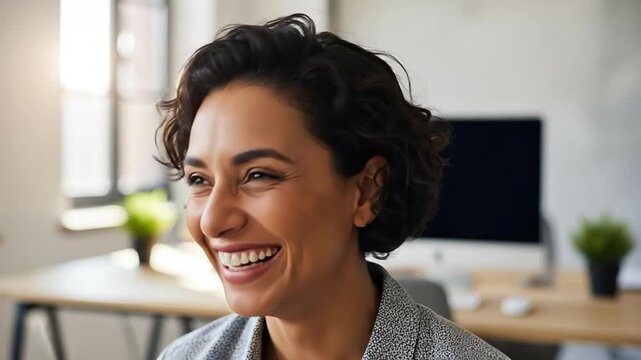 Joyful Hispanic Woman Laughing During Remote Video Call in Home Office