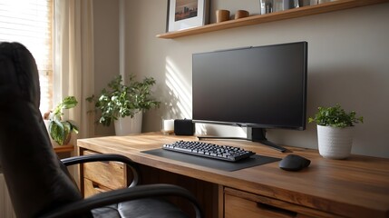 Fototapeta premium A modern home office setup featuring a wooden desk computer monitor keyboard mouse and plants illuminated by natural light