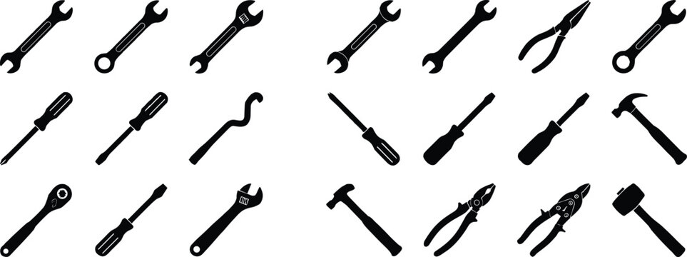 Hand tools silhouette vector illustration collection, twenty black icons showing wrenches, screwdrivers, pliers, hammers, and ratchet designs