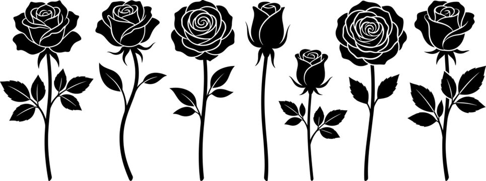 Rose flowers silhouette vector illustration set, six black icons showing different stem, leaf, and petal designs in floral style