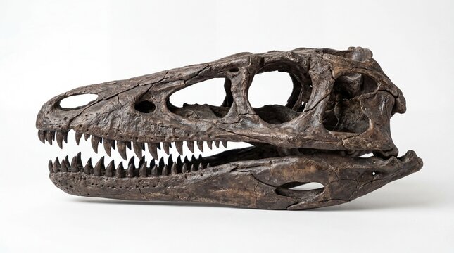 A detailed side profile view of a fossilized raptor dinosaur skull with sharp serrated teeth visible