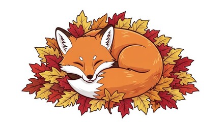 Fototapeta premium Adorable cartoon fox rests curled up cozily among colorful fallen foliage