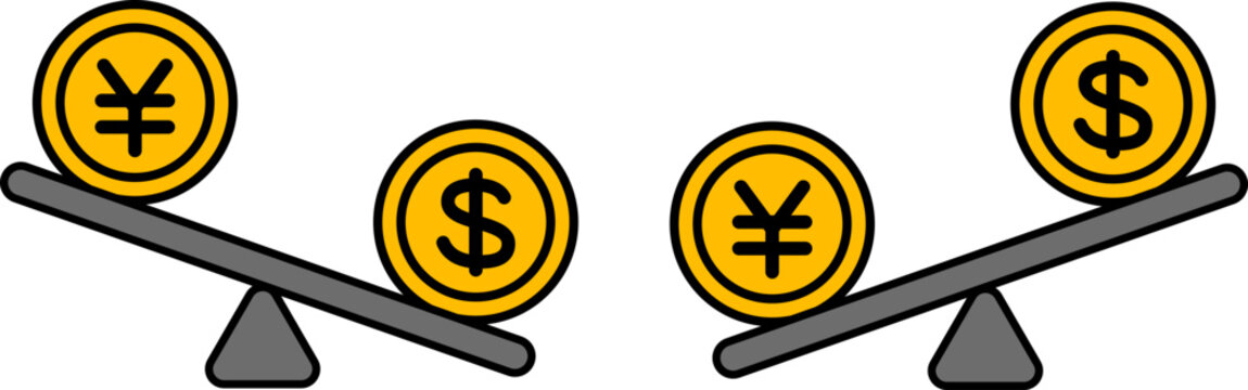 円安ドル高のアイコンと円高ドル安のアイコン（Weak yen/strong dollar icon and strong yen/weak dollar icon）
