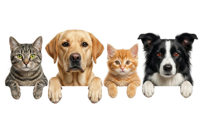 Adorable group of dogs and cats peering over an edge